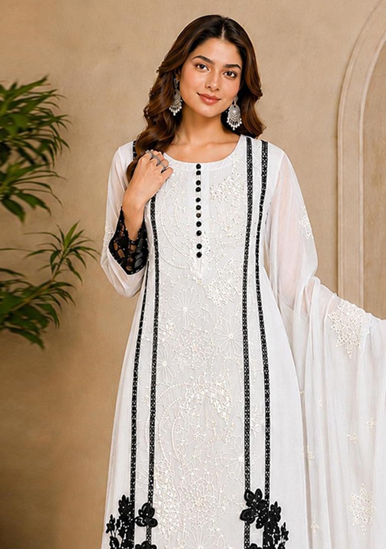 White Embroidered Orgnaza Kurta Set - Indya
