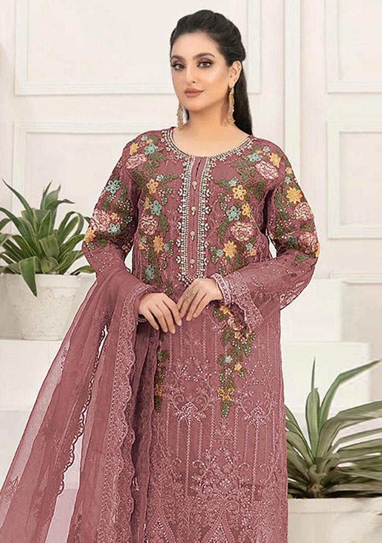 Purple Embroidered Silk Blend Kurta Set - Indya