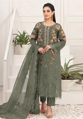 Mehendi Green Embroidered Silk Blend Kurta Set