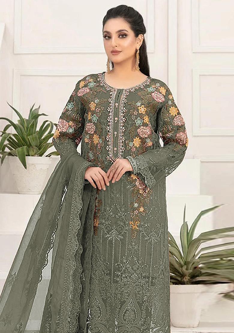 Mehendi Green Embroidered Silk Blend Kurta Set - Indya