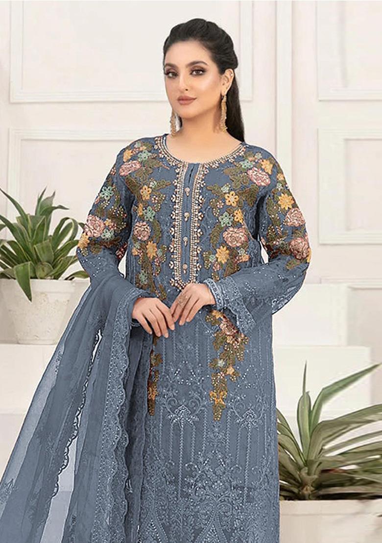 Blue Embroidered Silk Blend Kurta Set - Indya