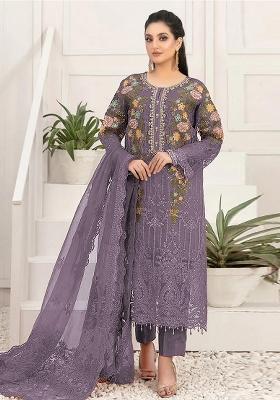 Dark Lavender Embroidered Silk Blend Kurta Set