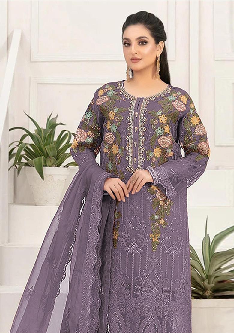 Dark Lavender Embroidered Silk Blend Kurta Set - Indya