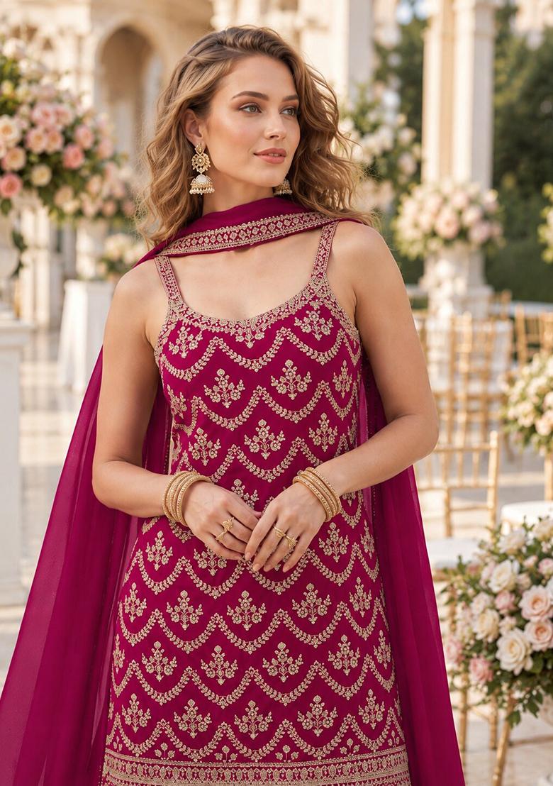 Red Embroidery Silk Kurta Set - Indya