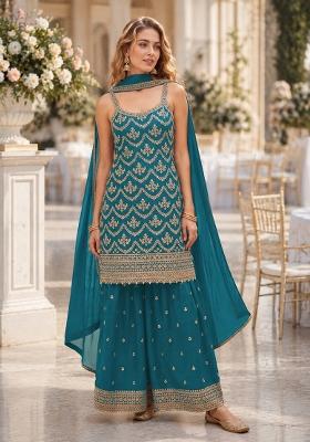 Blue Embroidery Silk Kurta Set