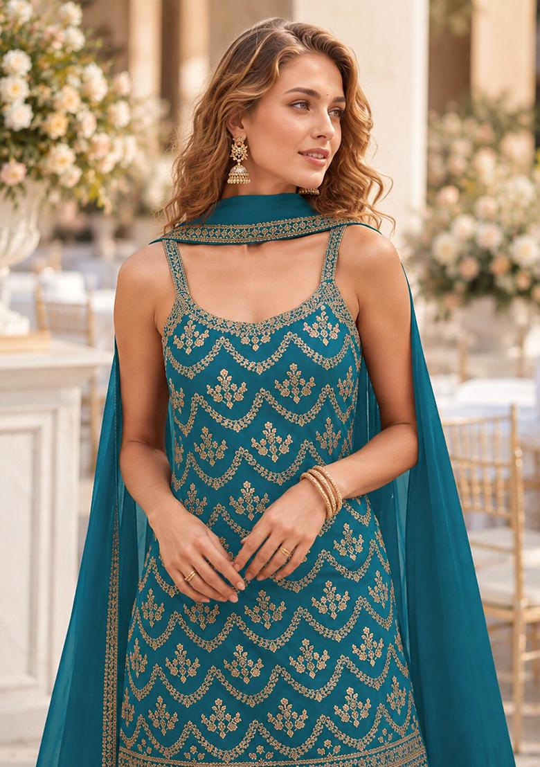 Blue Embroidery Silk Kurta Set - Indya