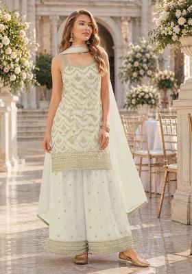 White Embroidery Silk Kurta Set