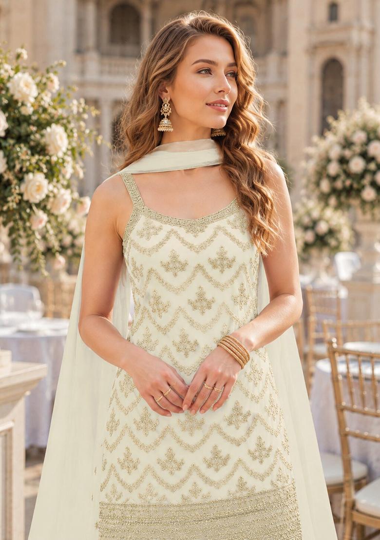 White Embroidery Silk Kurta Set - Indya