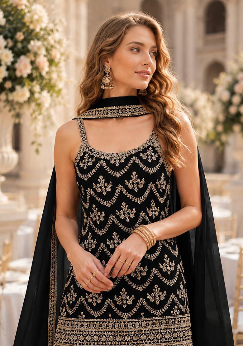 Black Embroidery Silk Kurta Set - Indya