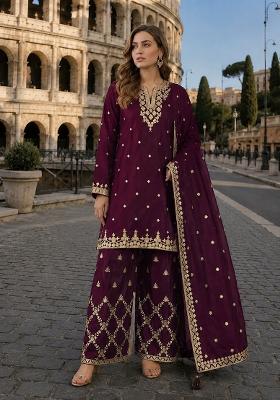 Purple Embroidery Silk Kurta Set