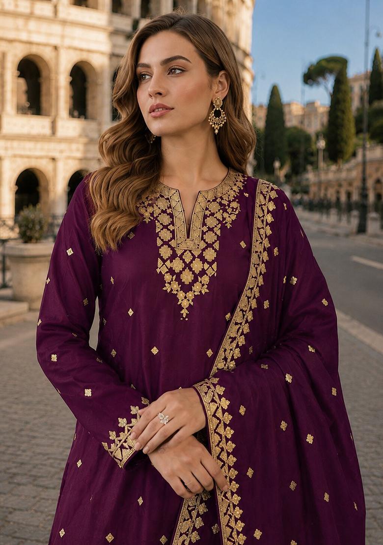 Purple Embroidery Silk Kurta Set - Indya