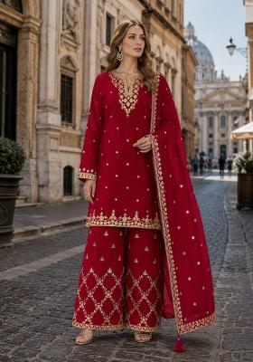 Red Embroidery Silk Kurta Set