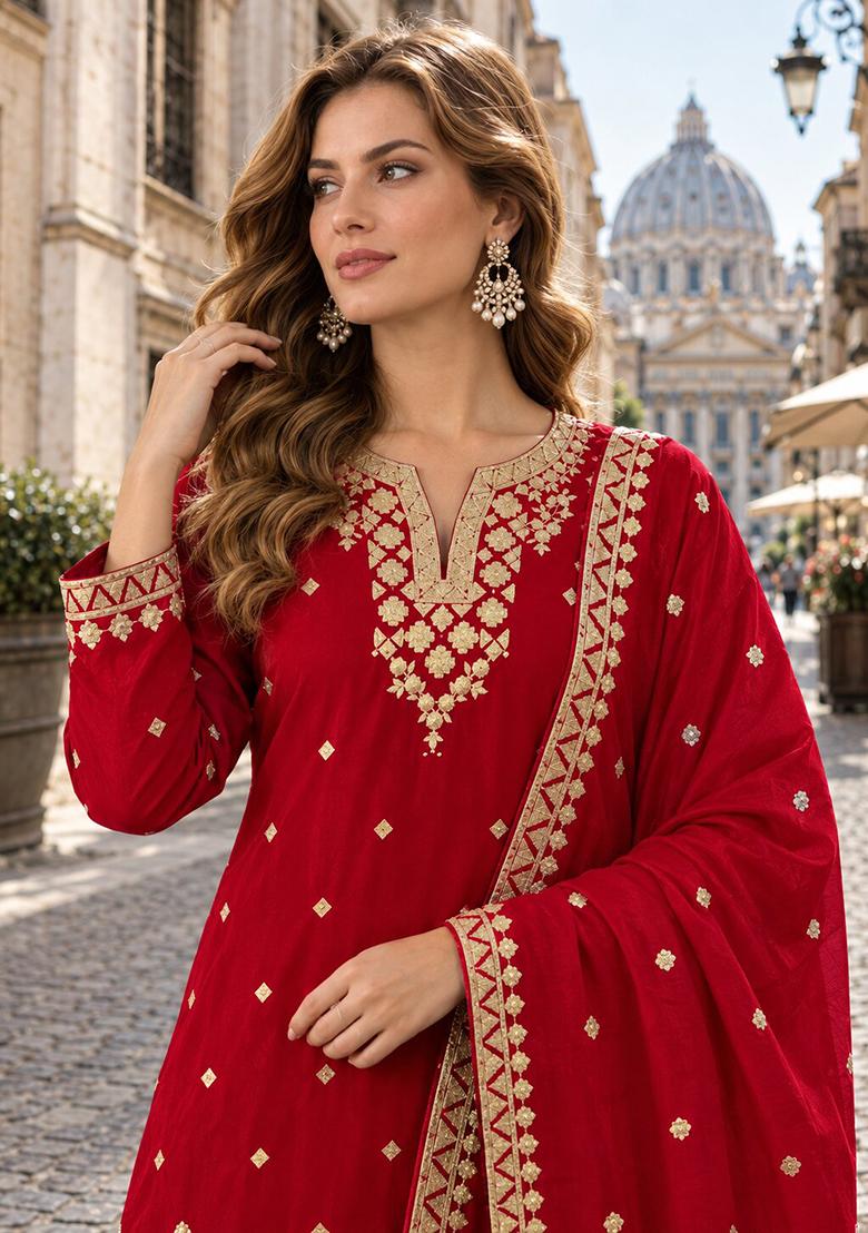 Red Embroidery Silk Kurta Set - Indya