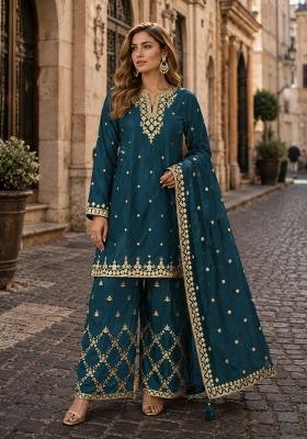 Teal Blue Embroidery Silk Kurta Set