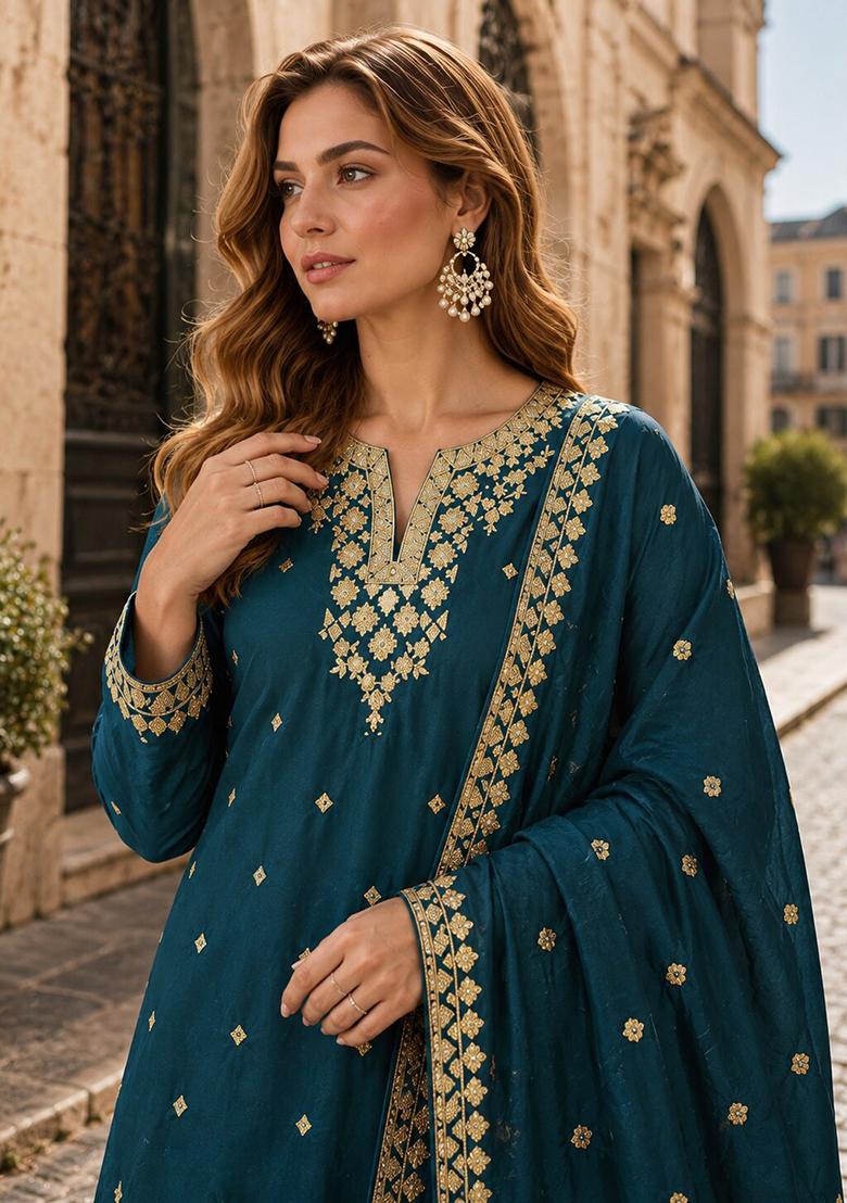 Teal Blue Embroidery Silk Kurta Set - Indya