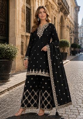 Black Embroidery Silk Kurta Set