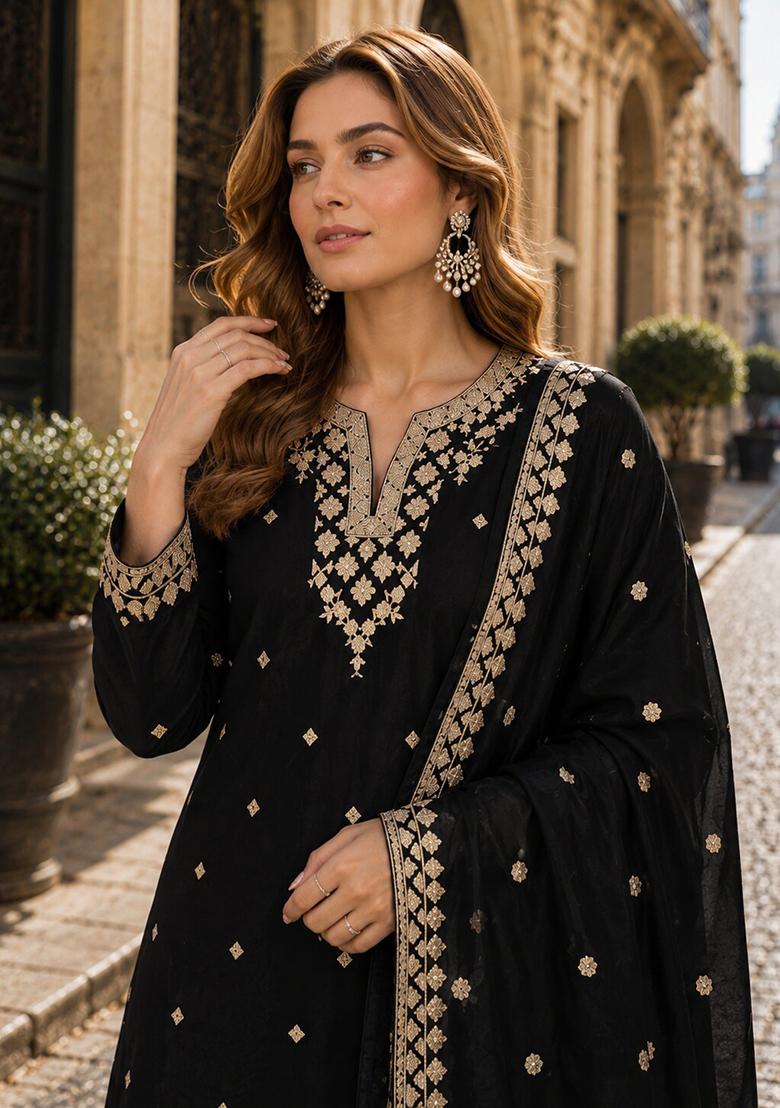 Black Embroidery Silk Kurta Set - Indya