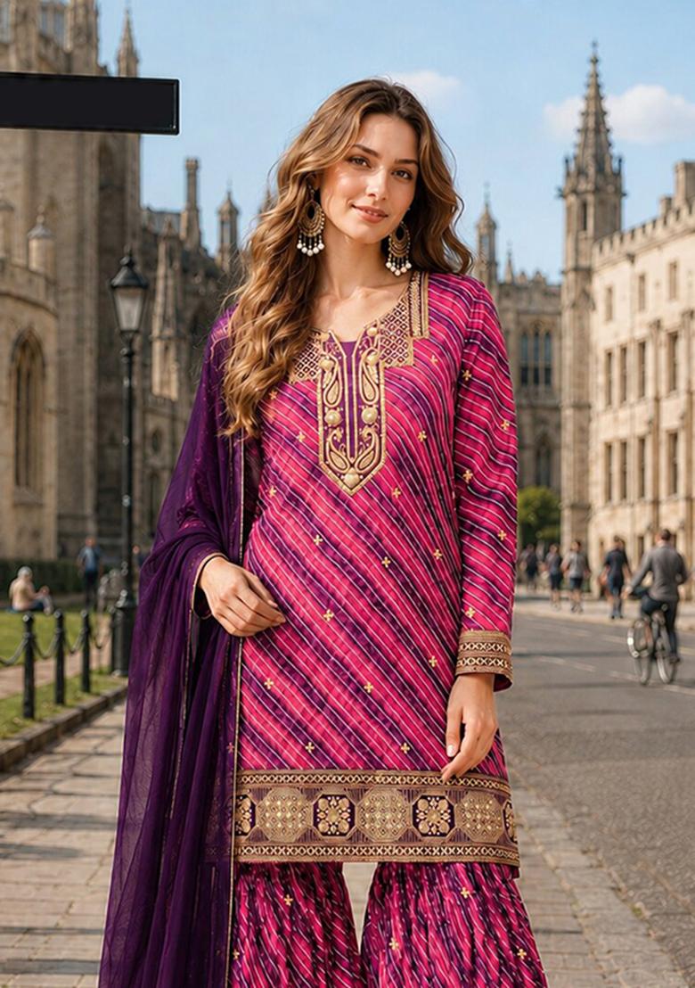 Purple Embroidery Georgette Kurta Set - Indya
