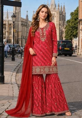 Red Embroidery Georgette Kurta Set