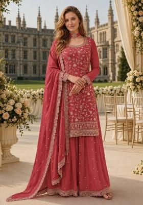 Peach Embroidery Silk Kurta Set