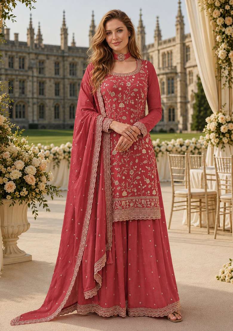 Peach Embroidery Silk Kurta Set - Indya