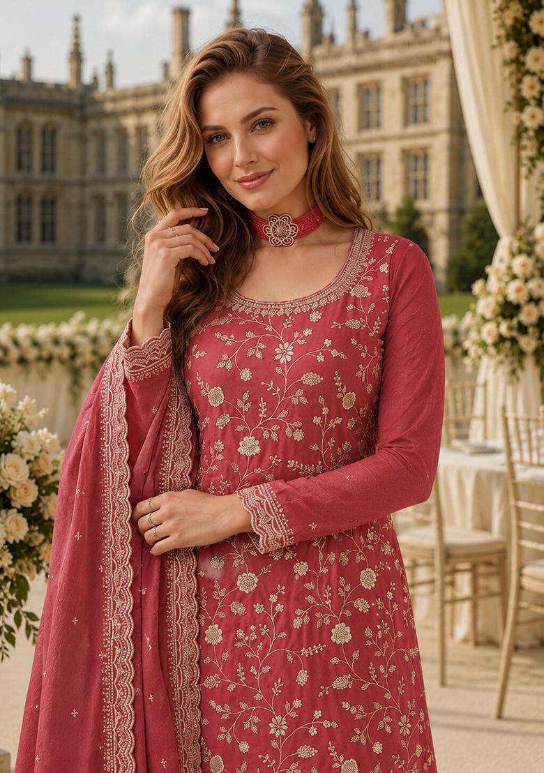 Peach Embroidery Silk Kurta Set - Indya