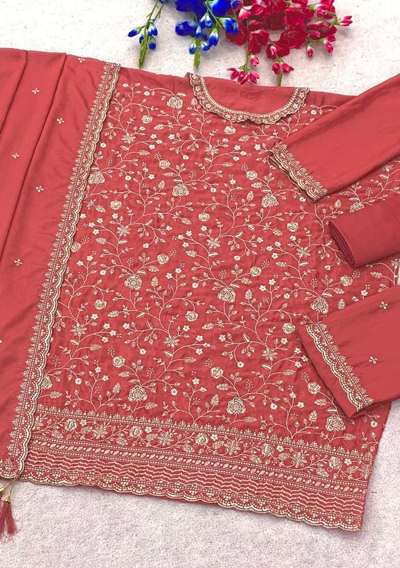 Peach Embroidery Silk Kurta Set - Indya