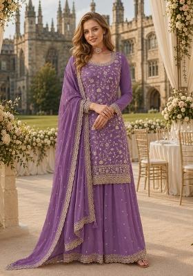 Lavender Embroidery Silk Kurta Set