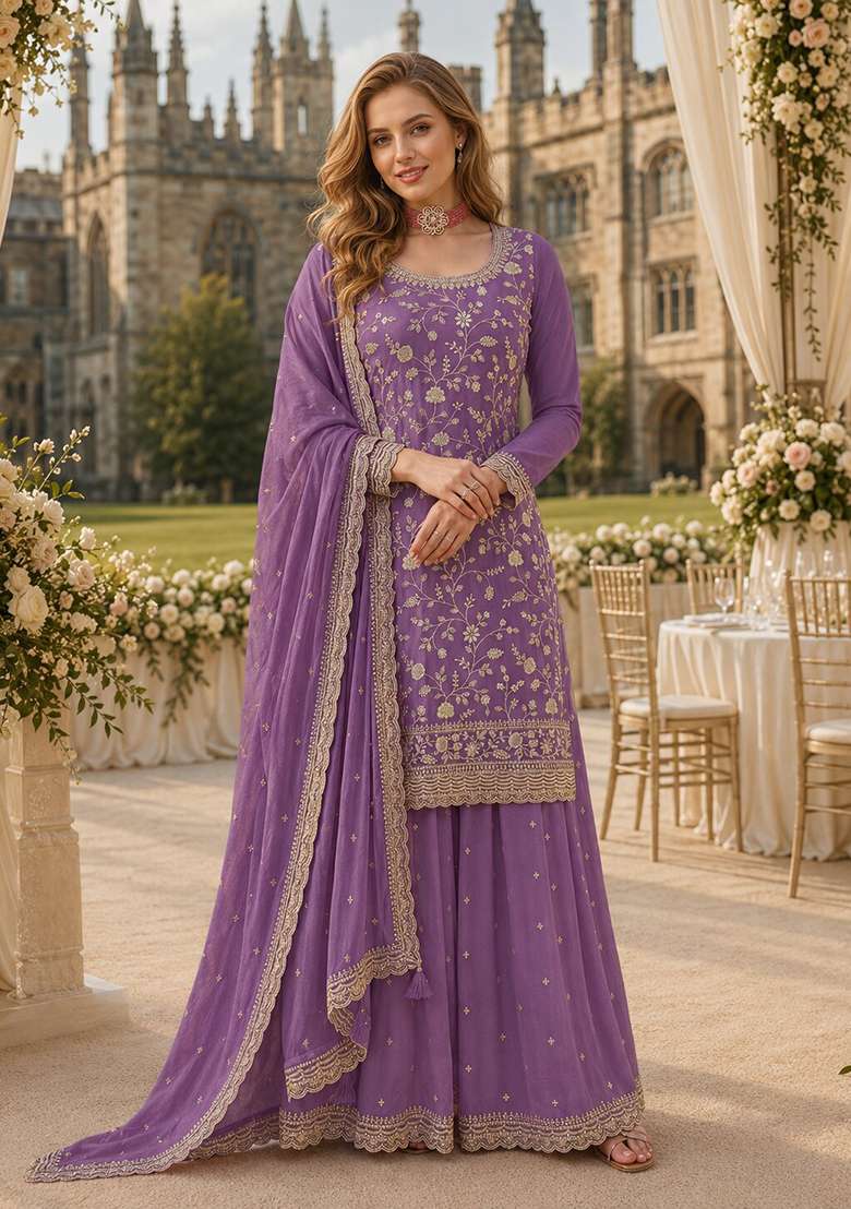 Lavender Embroidery Silk Kurta Set - Indya