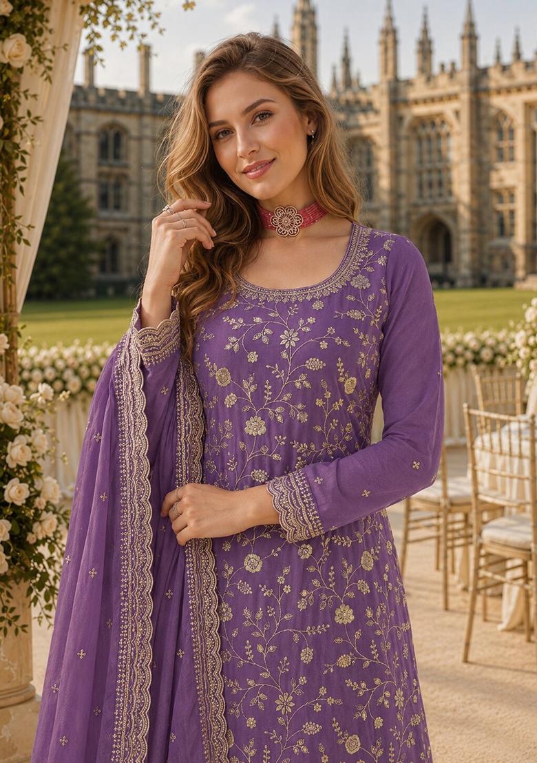 Lavender Embroidery Silk Kurta Set - Indya