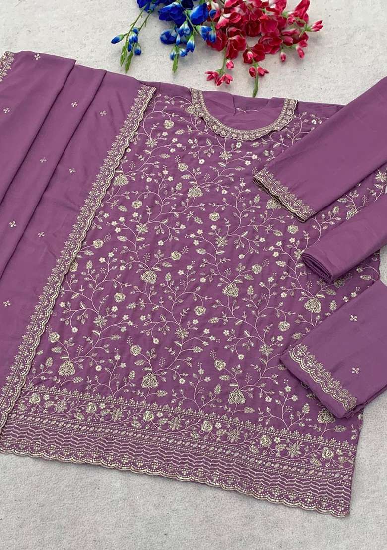 Lavender Embroidery Silk Kurta Set - Indya
