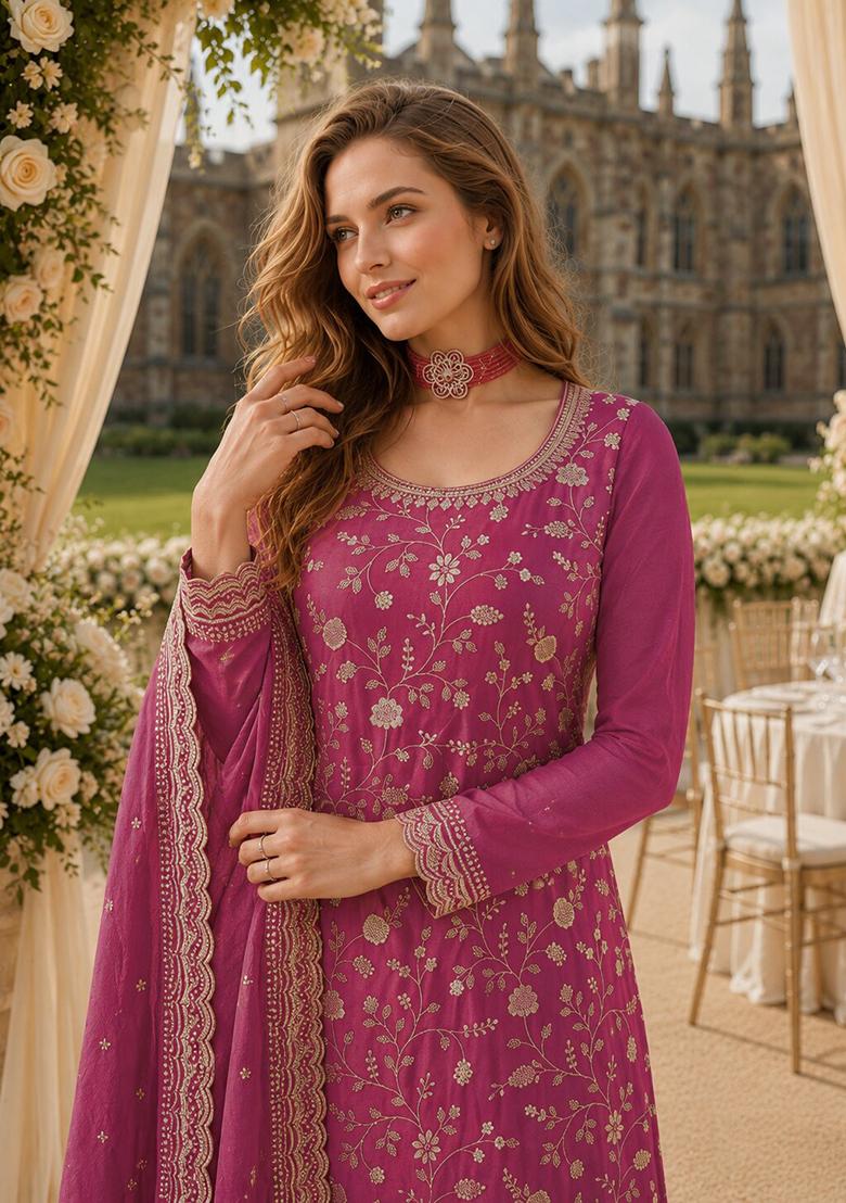 Pink Embroidery Silk Kurta Set - Indya