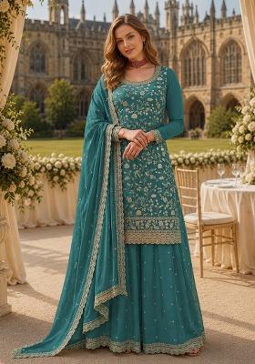 Blue Embroidery Silk Kurta Set