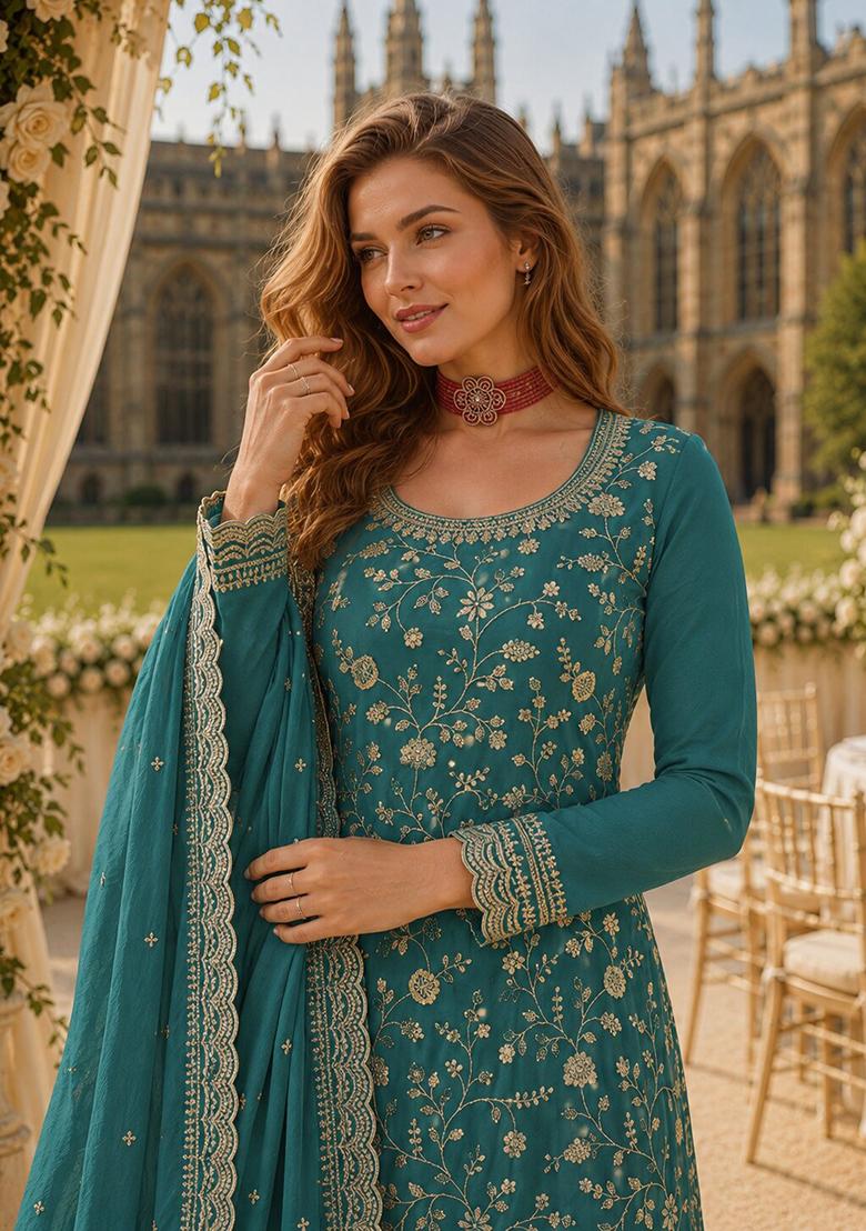 Blue Embroidery Silk Kurta Set - Indya