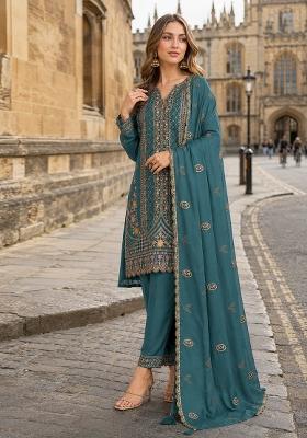 Teal Blue Embroidery Silk Kurta Set