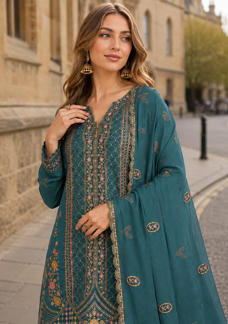 Teal Blue Embroidery Silk Kurta Set - Indya