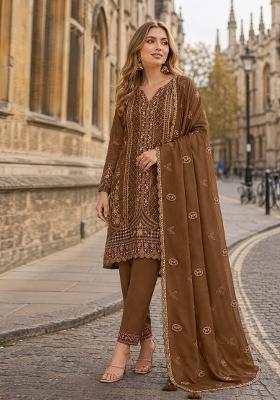 Brown Embroidery Silk Kurta Set