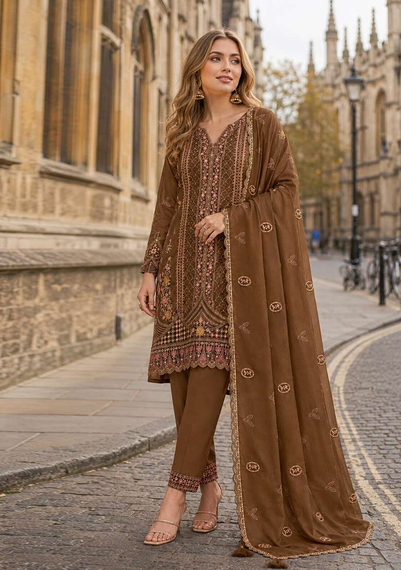 Brown Embroidery Silk Kurta Set - Indya