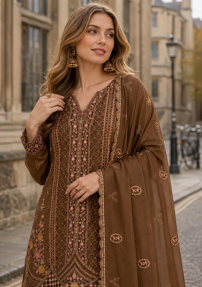 Brown Embroidery Silk Kurta Set - Indya