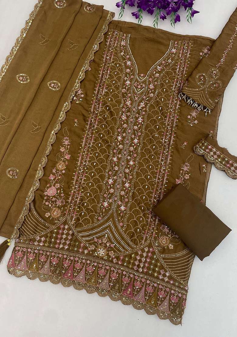 Brown Embroidery Silk Kurta Set - Indya