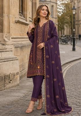 Purple Embroidery Silk Kurta Set