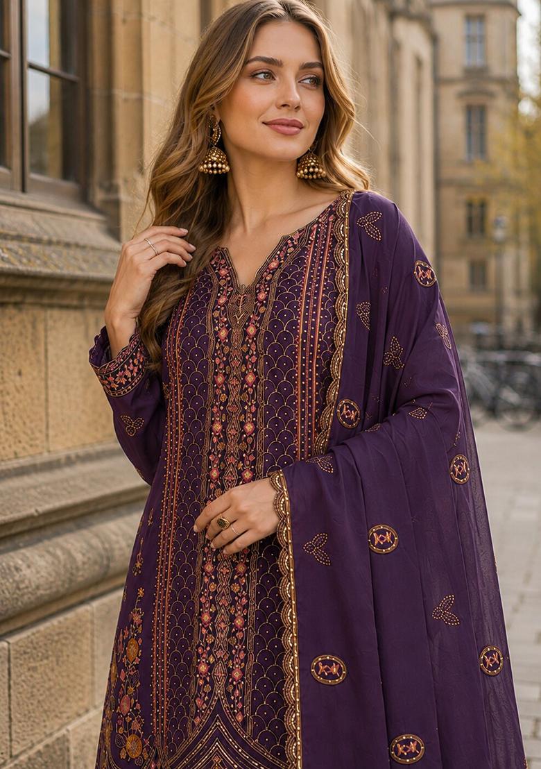 Purple Embroidery Silk Kurta Set - Indya