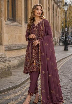 Wine Embroidery Silk Kurta Set
