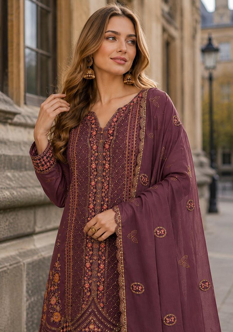 Wine Embroidery Silk Kurta Set - Indya