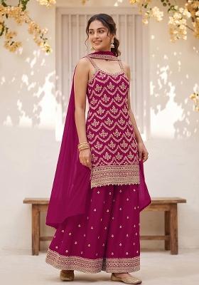 Red Embroidery Silk Kurta Set