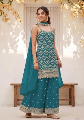 Blue Embroidery Silk Kurta Set