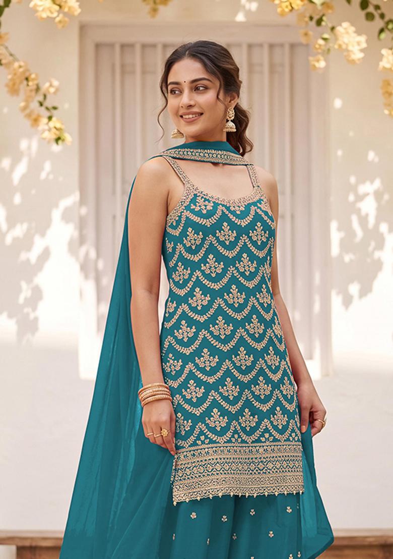 Blue Embroidery Silk Kurta Set - Indya