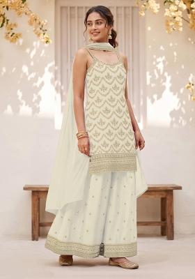 White Embroidery Silk Kurta Set