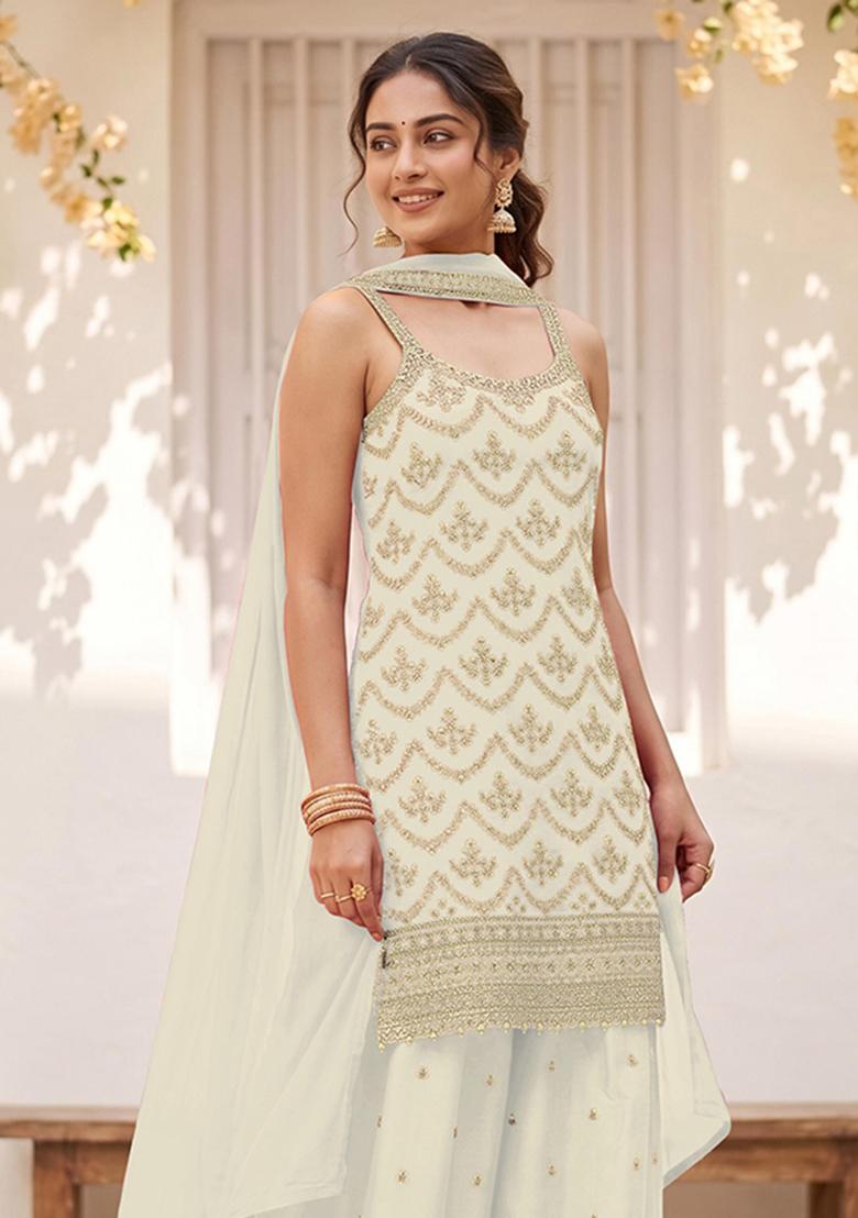 White Embroidery Silk Kurta Set - Indya