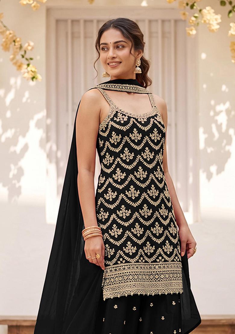Black Embroidery Silk Kurta Set - Indya